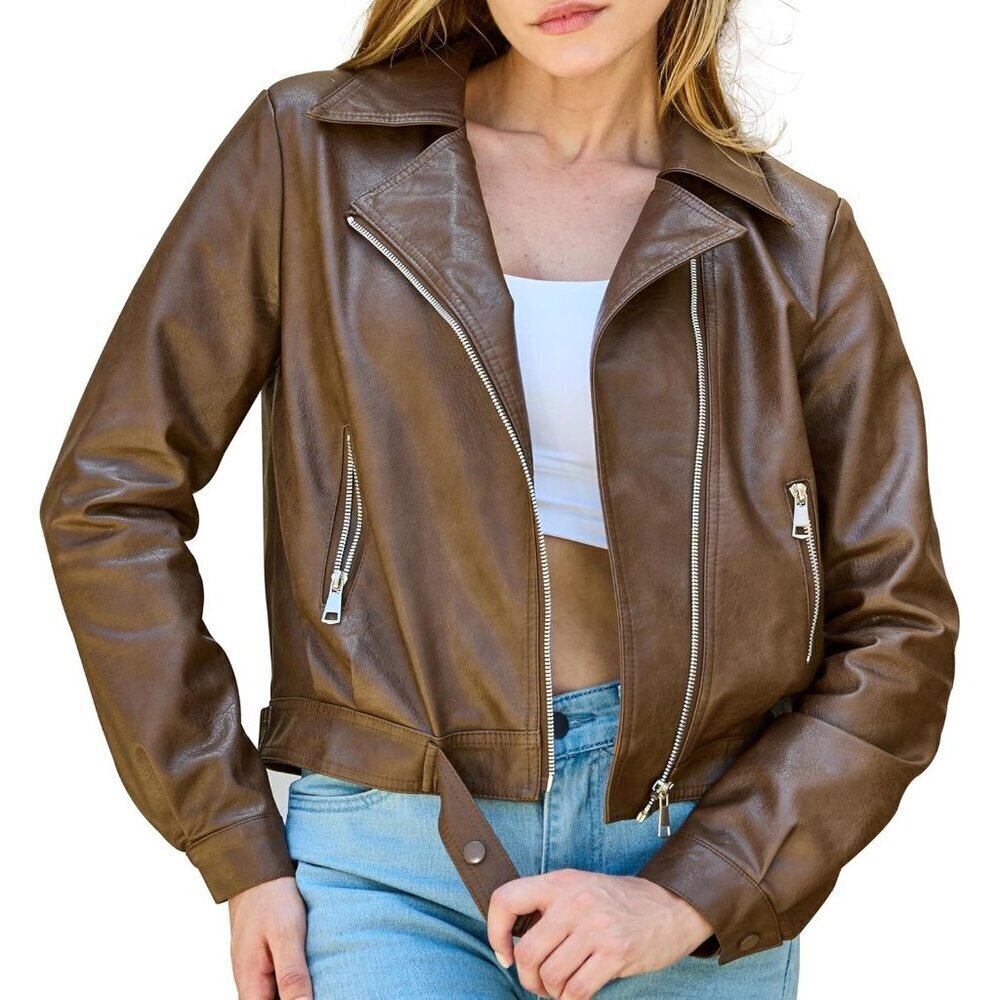 🆕Women Dark Brown Faux Leather Cropped Slim Motorcycle Jacket for Spring Fall